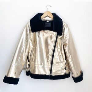 Blank NYC Gold Faux Fur Moto Jacket|Gold exterior with black fu